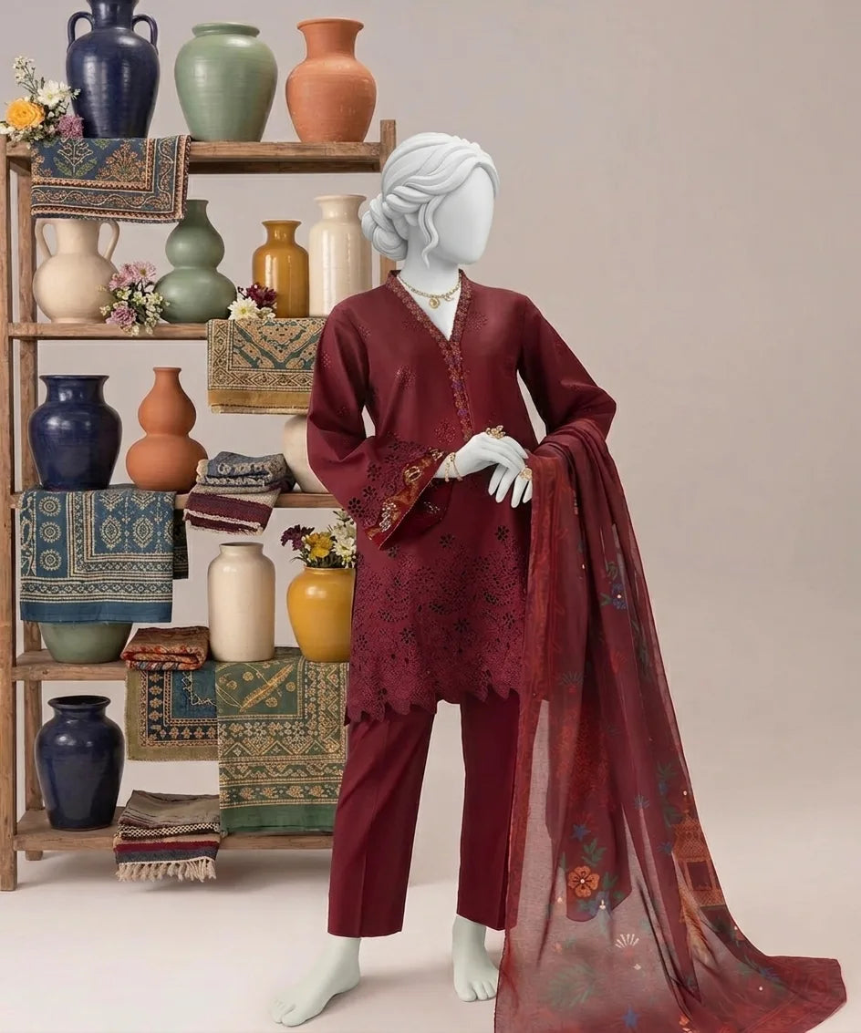Albicocca Embroidered Lawn – Embroidered Lawn Shirt, Voile Dupatta & Cotton Trouser Unstitched 3PC