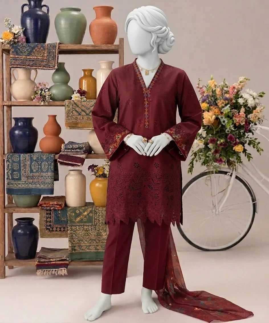 Albicocca Embroidered Lawn – Embroidered Lawn Shirt, Voile Dupatta & Cotton Trouser Unstitched 3PC