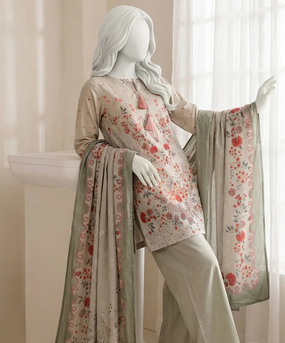 Leena Digital Printed Lawn – Lawn Shirt, Voile Dupatta & Cotton Trouser Unstitched 3PC