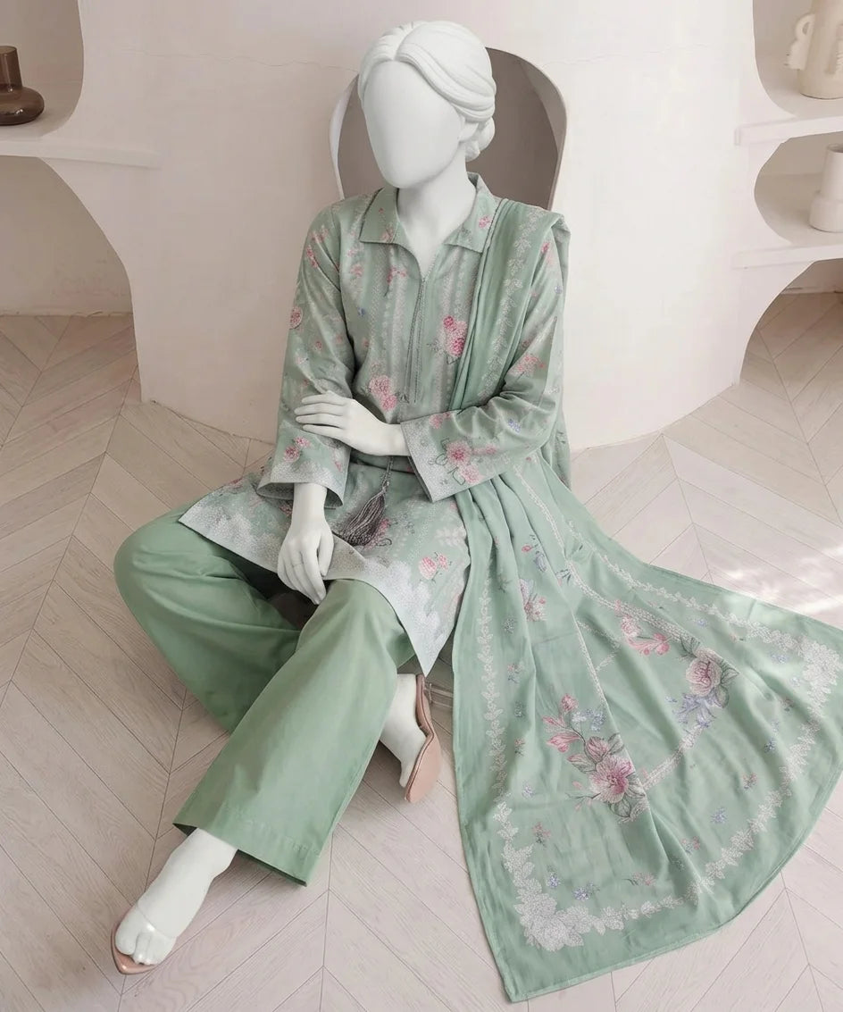 Sabine Digital Printed Lawn – Lawn Shirt, Voile Dupatta & Cotton Trouser Unstitched 3PC