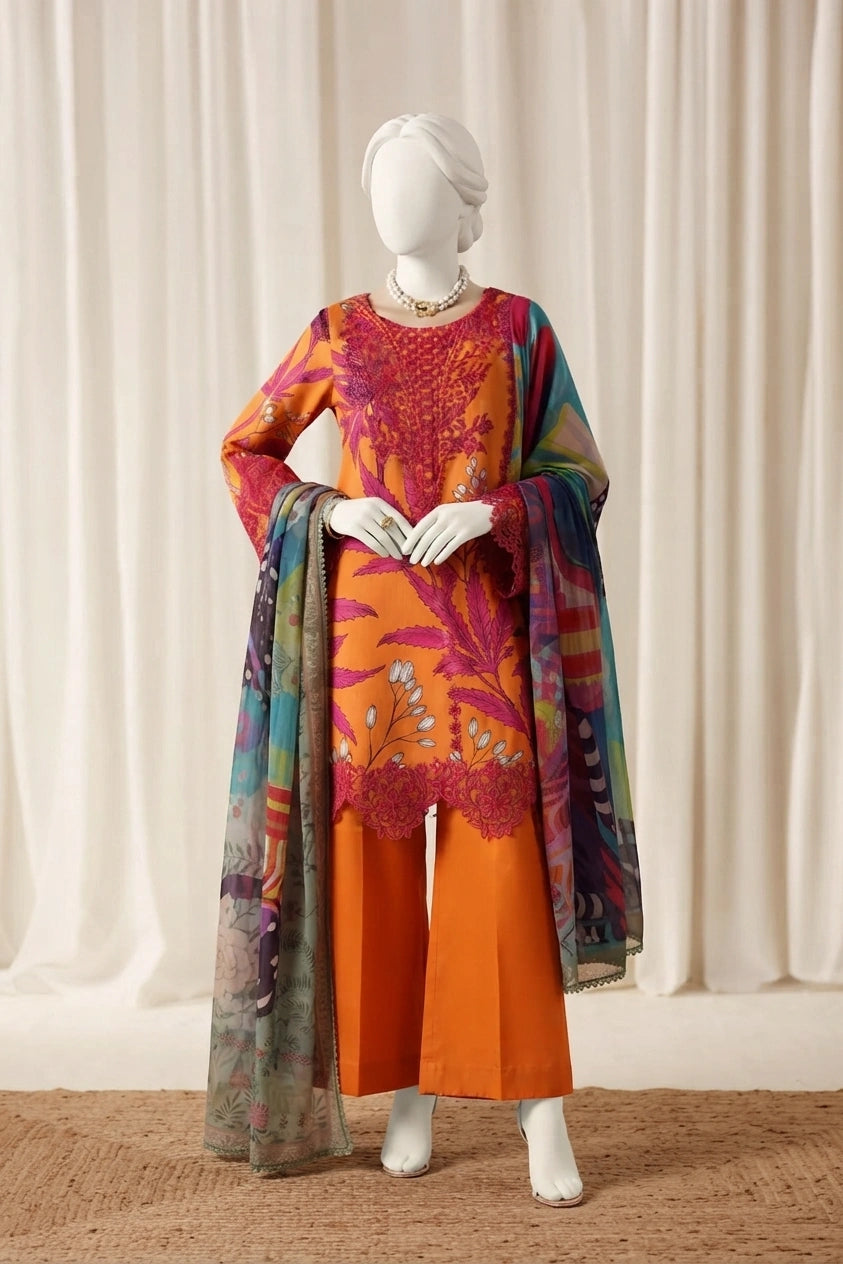 Lava Orange Luxury Printed & Embroidered  Viscose – Unstitched 3PC