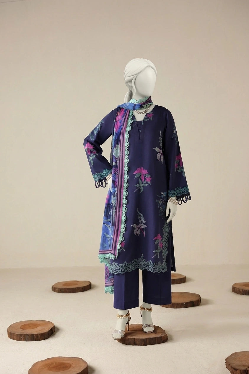 Royal Purple Luxury Printed & Embroidered Viscose – Unstitched 3PC