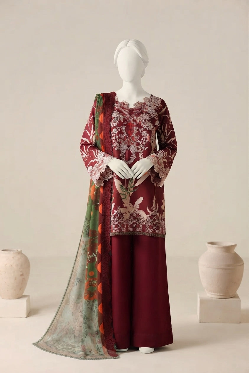 Deep Red Luxury Printed & Embroidered Viscose – Unstitched 3PC