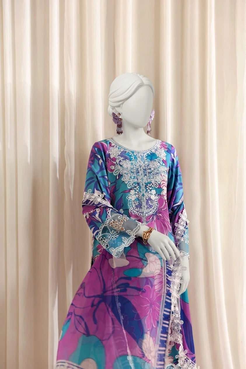 Multi Blue Luxury Printed & Embroidered Viscose – Unstitched 3PC