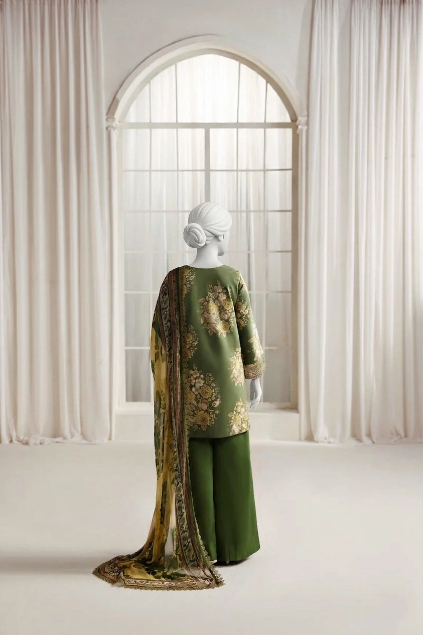 Fern Green Luxury Printed & Embroidered  Viscose – Unstitched 3PC