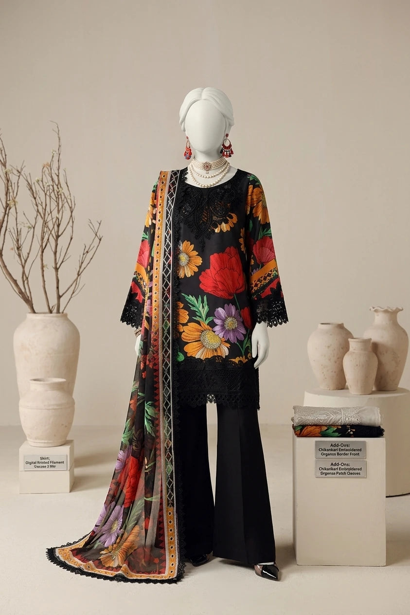 Bloom Black Luxury Printed & Embroidered Lawn – Unstitched 3PC