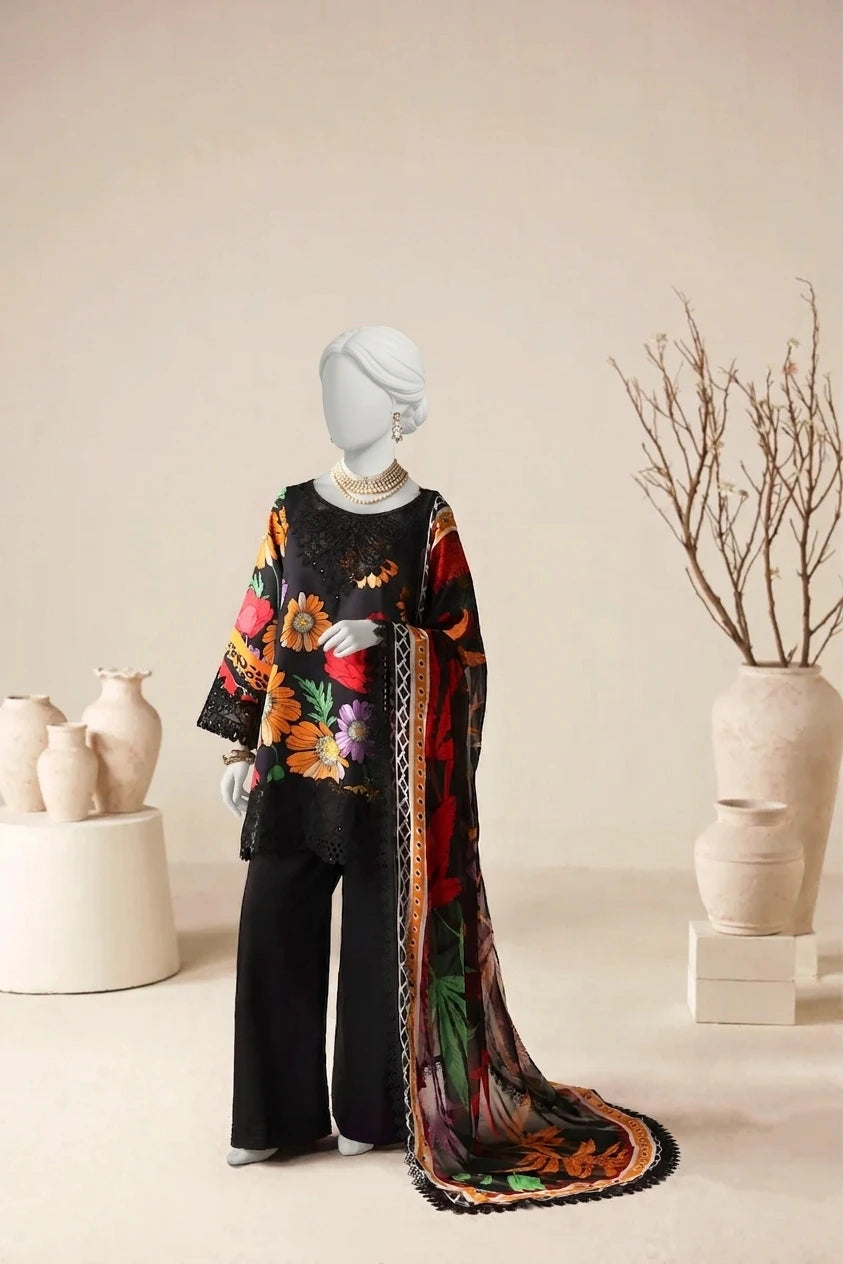 Bloom Black Luxury Printed & Embroidered Lawn – Unstitched 3PC