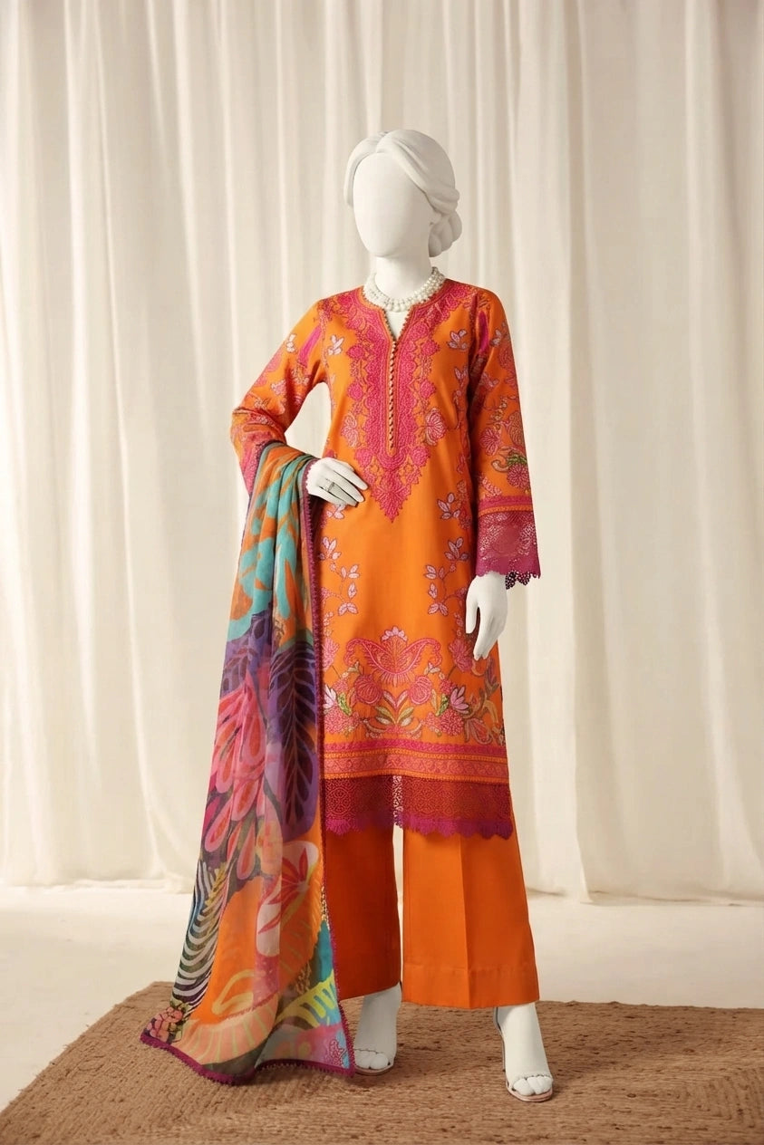 Lava Orange Luxury Printed & Embroidered  Viscose – Unstitched 3PC