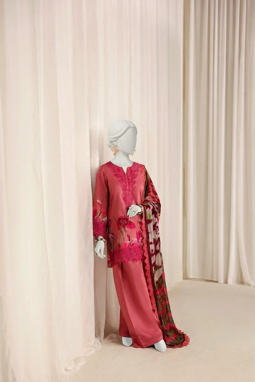 Peachy Pink Luxury Printed & Embroidered Viscose – Unstitched 3PC