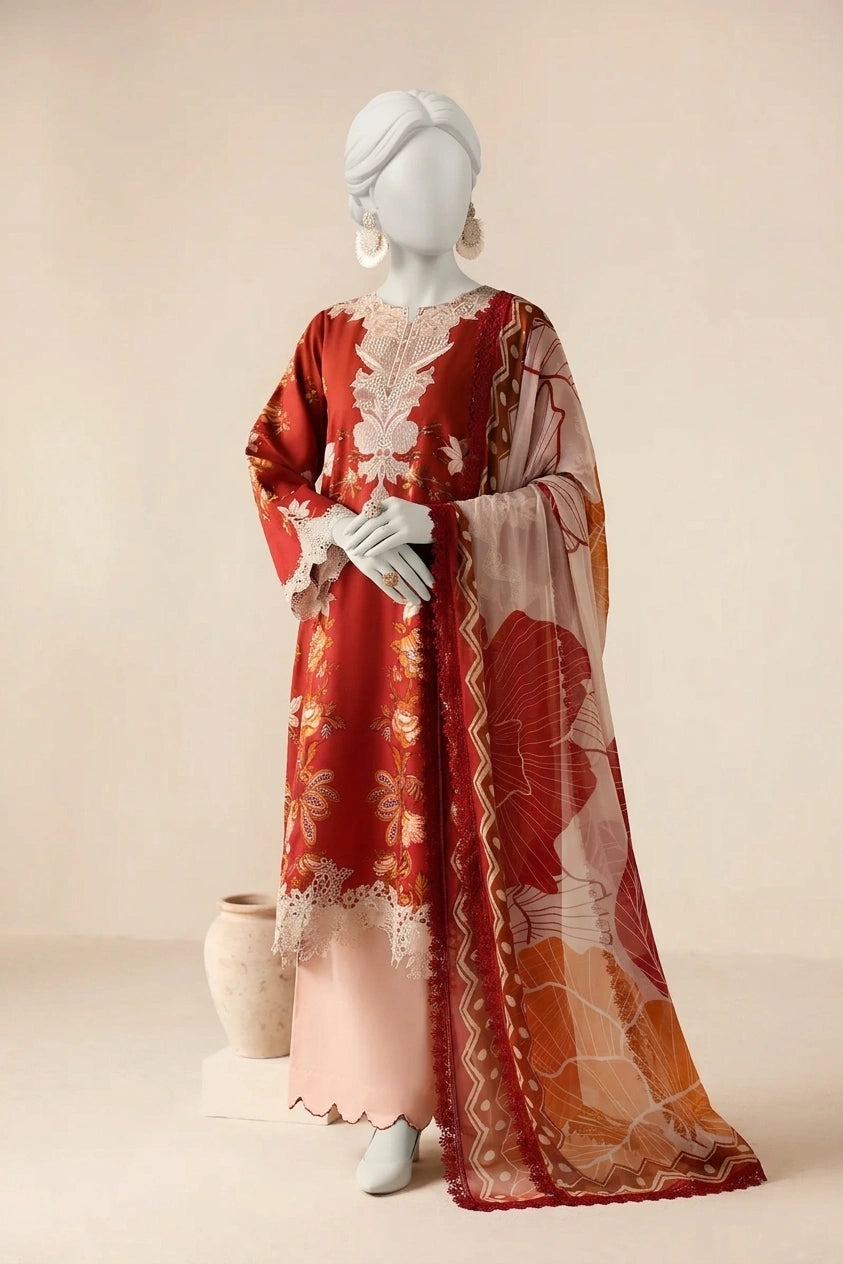 Lust Red Luxury Printed & Embroidered Viscose – Unstitched 3PC
