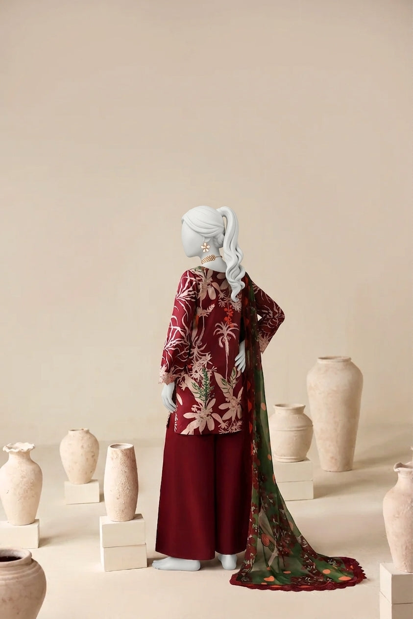 Deep Red Luxury Printed & Embroidered Viscose – Unstitched 3PC