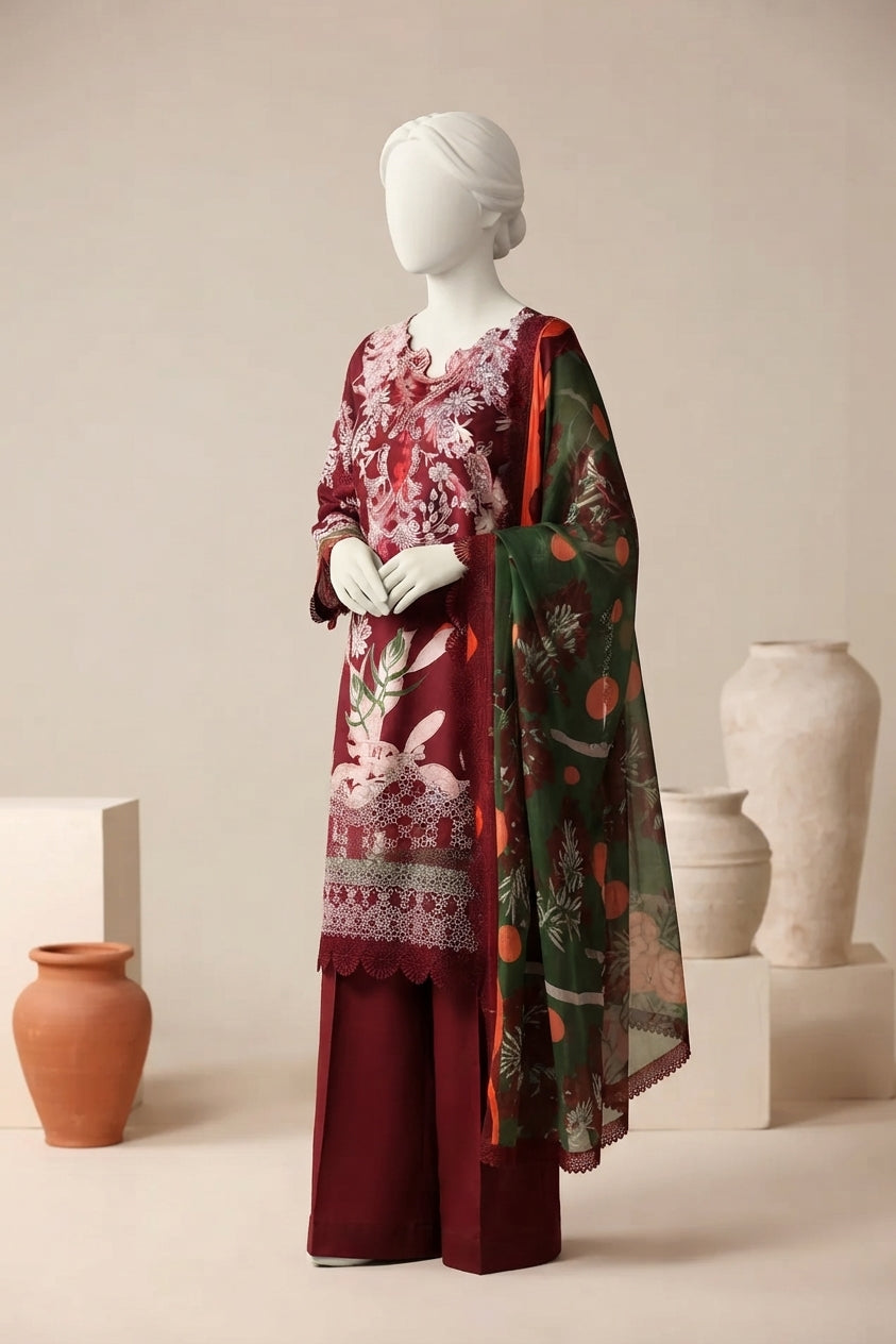 Deep Red Luxury Printed & Embroidered Viscose – Unstitched 3PC