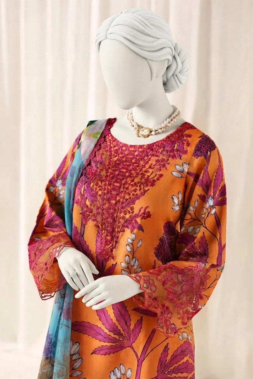 Lava Orange Luxury Printed & Embroidered  Viscose – Unstitched 3PC
