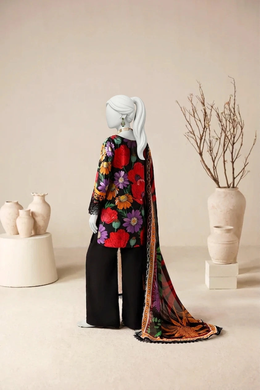 Bloom Black Luxury Printed & Embroidered Lawn – Unstitched 3PC