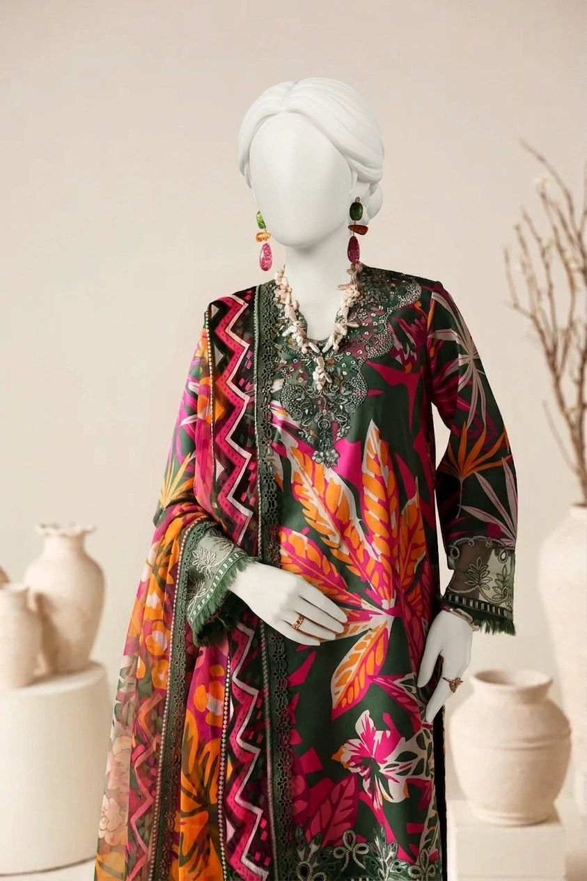 Dark Green Luxury Printed & Embroidered  Viscose – Unstitched 3PC