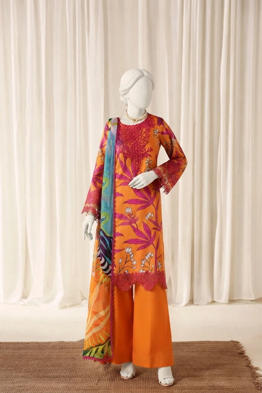 Lava Orange Luxury Printed & Embroidered  Viscose – Unstitched 3PC