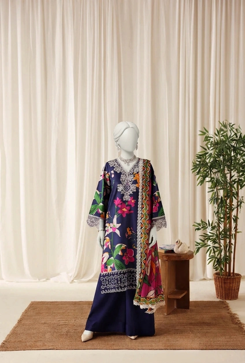 Dark Blue Luxury Printed & Embroidered  Viscose – Unstitched 3PC