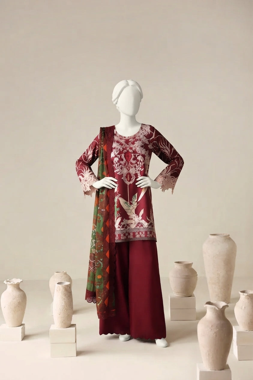 Deep Red Luxury Printed & Embroidered Viscose – Unstitched 3PC