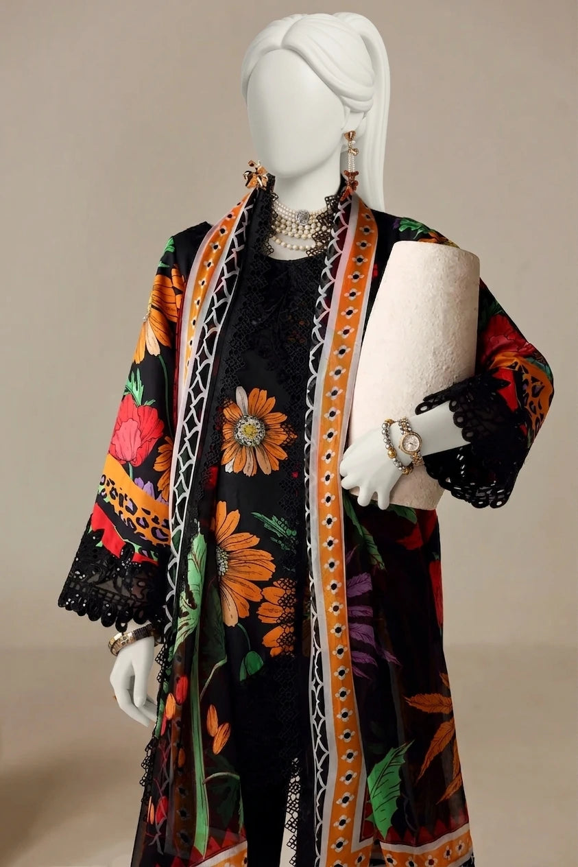 Bloom Black Luxury Printed & Embroidered Lawn – Unstitched 3PC