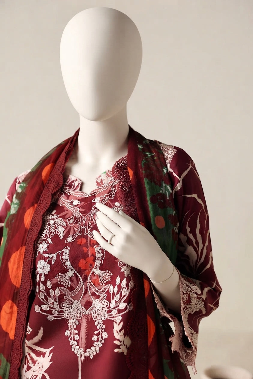 Deep Red Luxury Printed & Embroidered Viscose – Unstitched 3PC