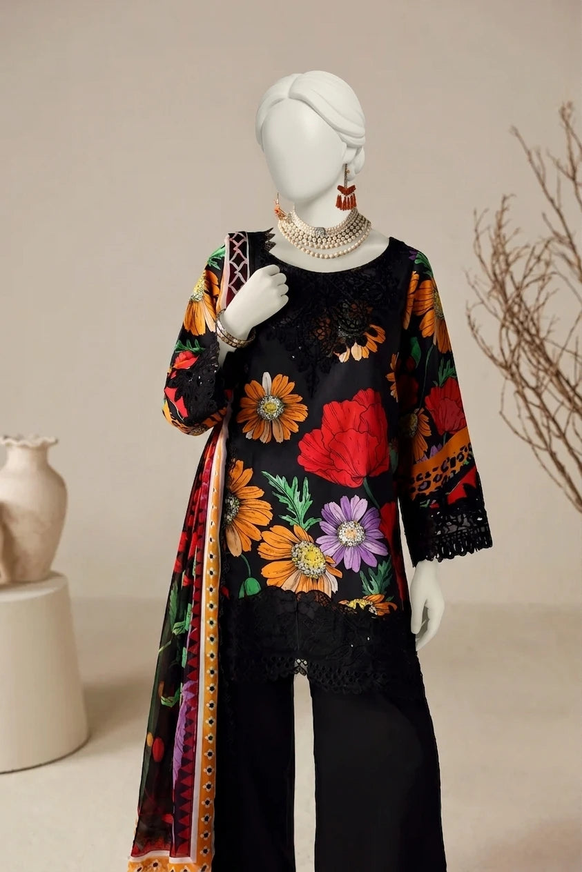 Bloom Black Luxury Printed & Embroidered Lawn – Unstitched 3PC