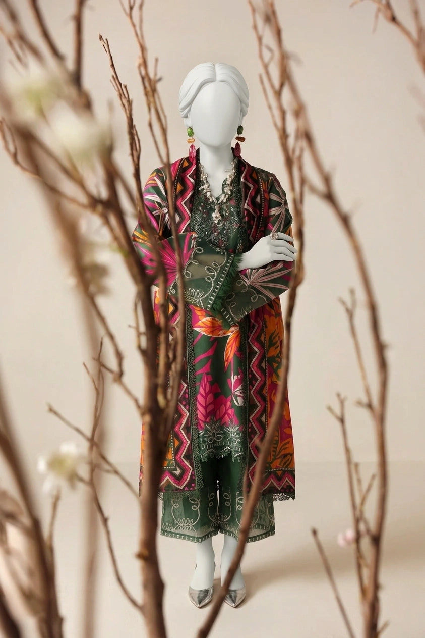 Dark Green Luxury Printed & Embroidered  Viscose – Unstitched 3PC
