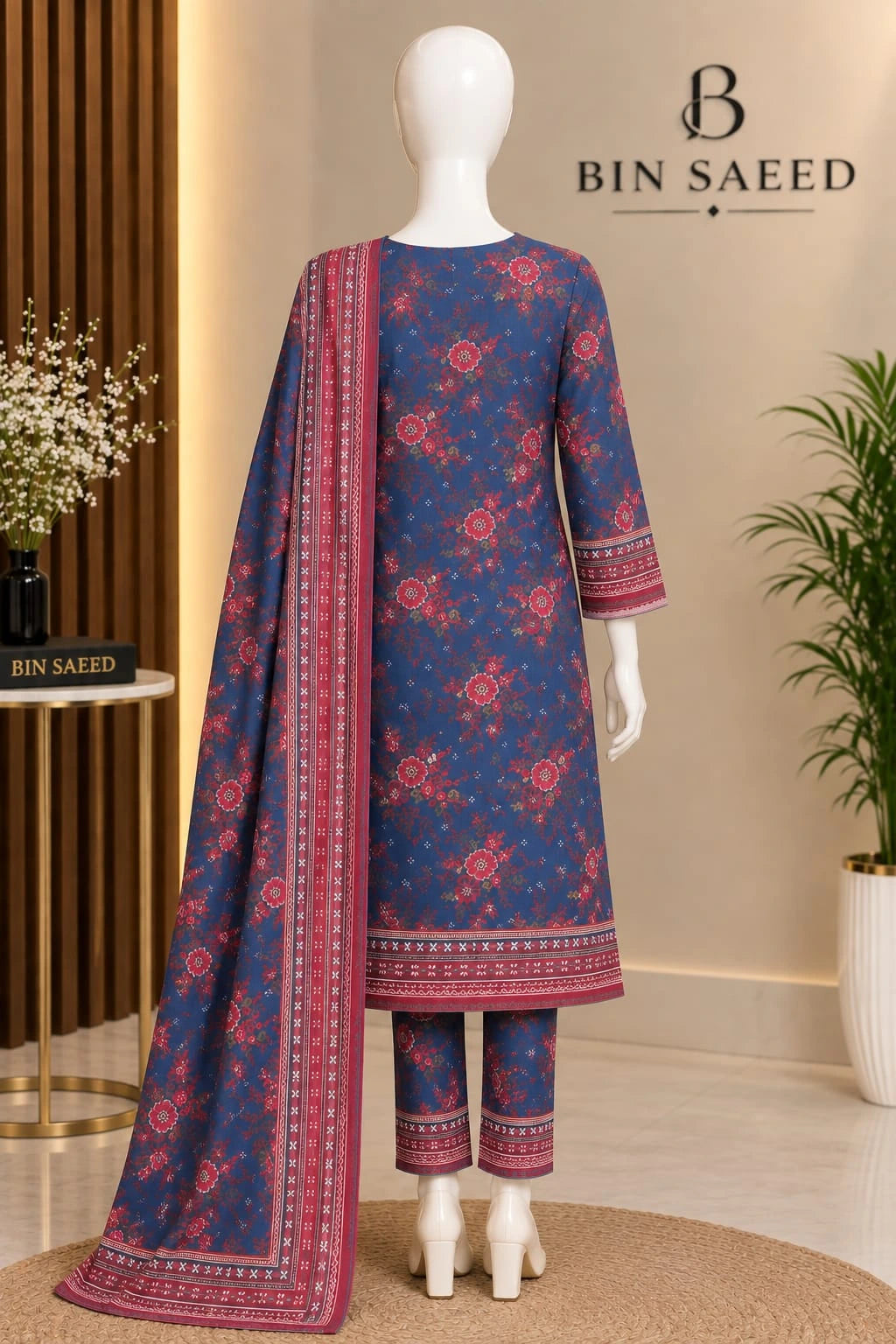 Bin Saeed Blue Floral Cotton Cambric Unstitched 3PC