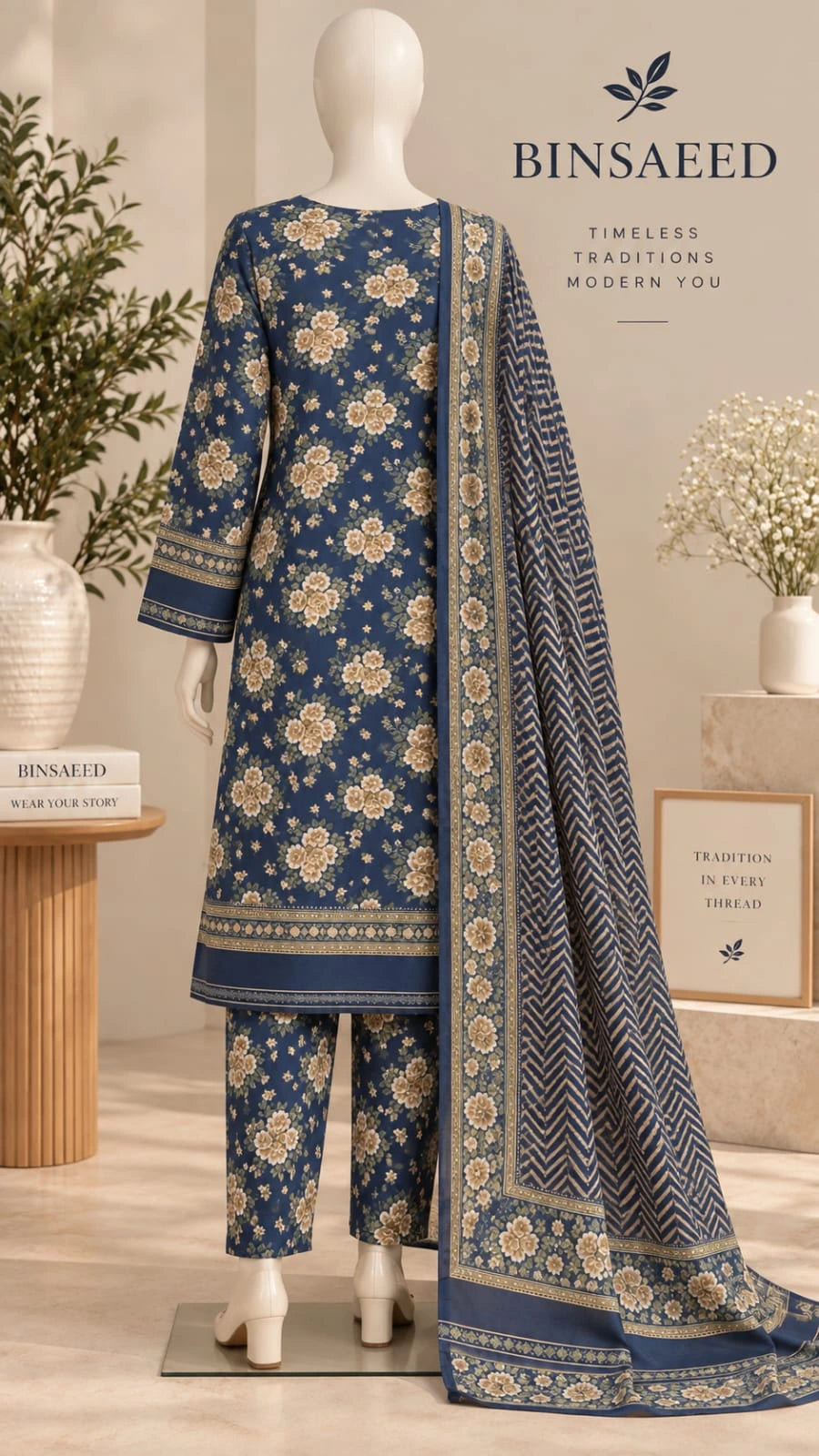 Bin Saeed Denim Blue & Beige Cotton Cambric Unstitched 3PC