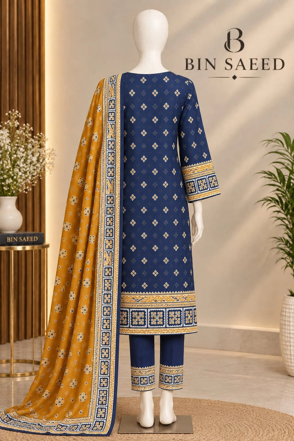 Bin Saeed Navy Blue & Mustard  Cotton Cambric Unstitched  3PC