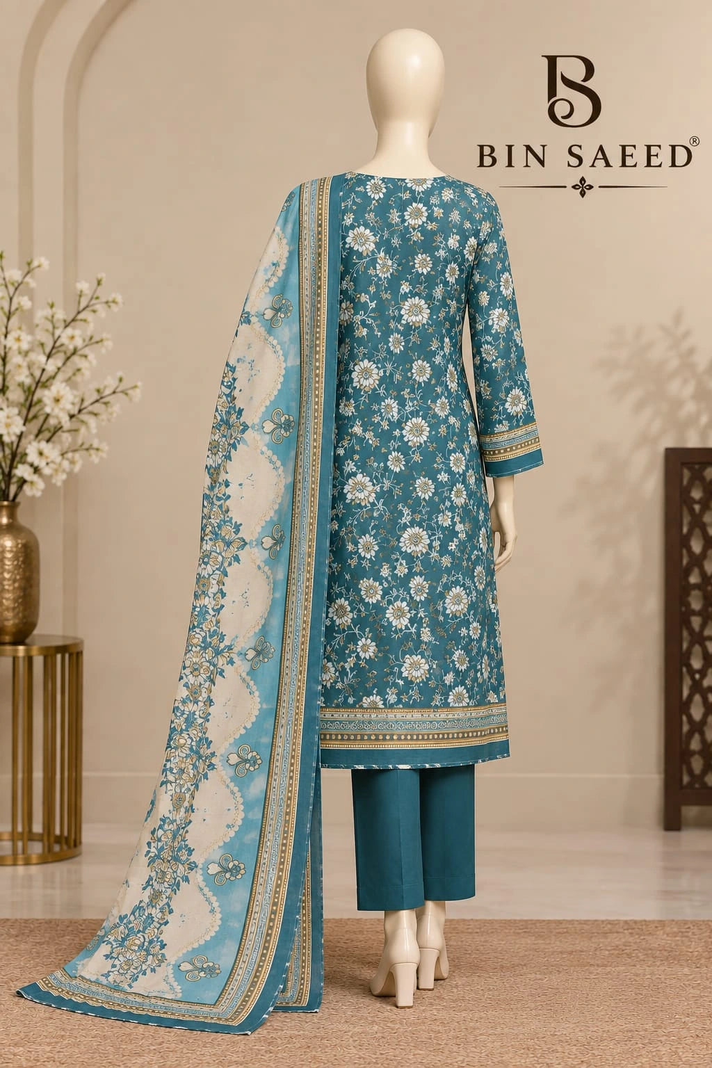 Bin Saeed Teal Blue & Ivory Cotton Cambric Unstitched 3PC