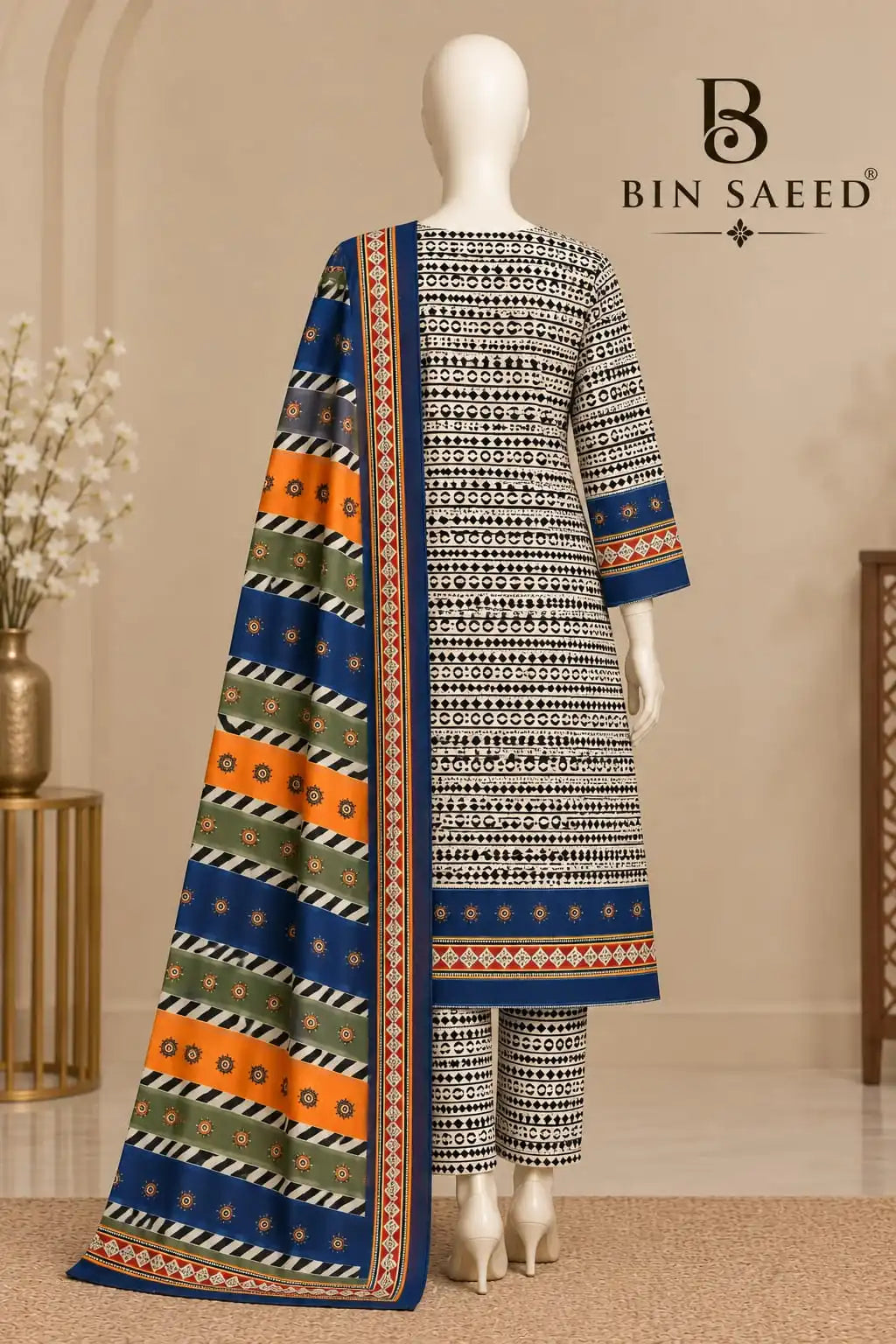 Bin Saeed Ivory & Royal Blue Cotton Cambric Unstitched 3PC