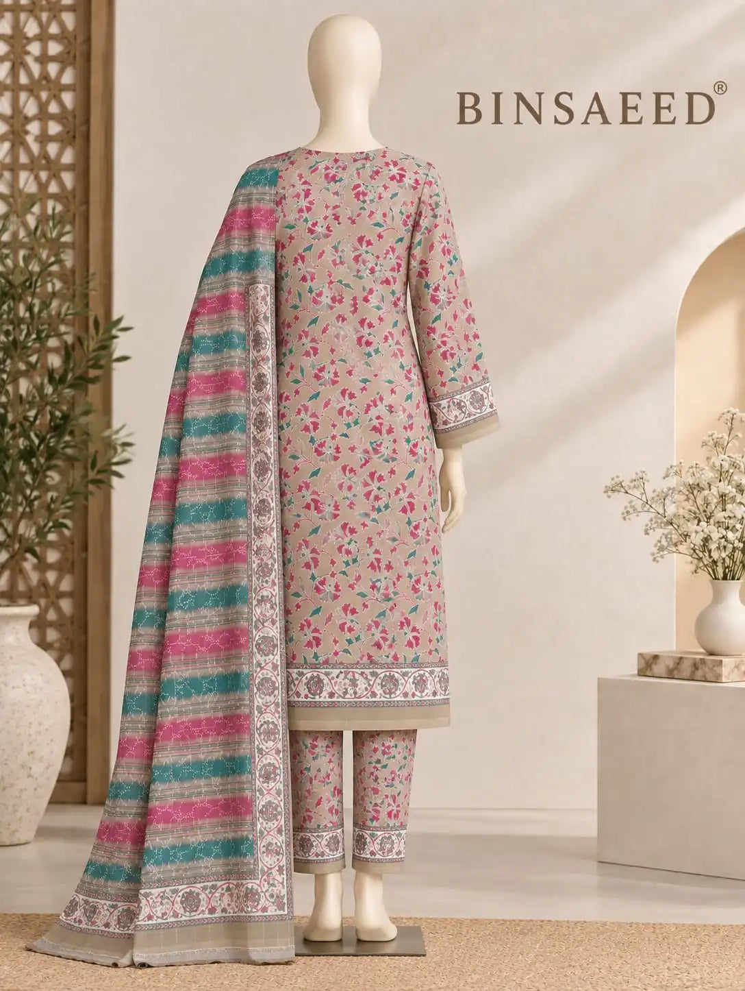 Bin Saeed Beige Floral  Cotton Cambric Unstitched  3PC