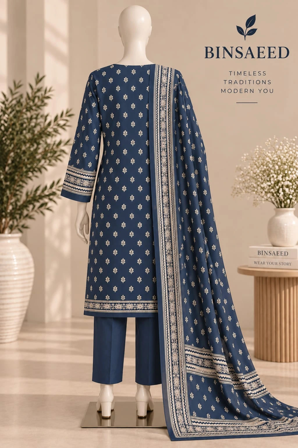 Bin Saeed Navy Blue & Ivory Cotton Cambric Unstitched 3PC