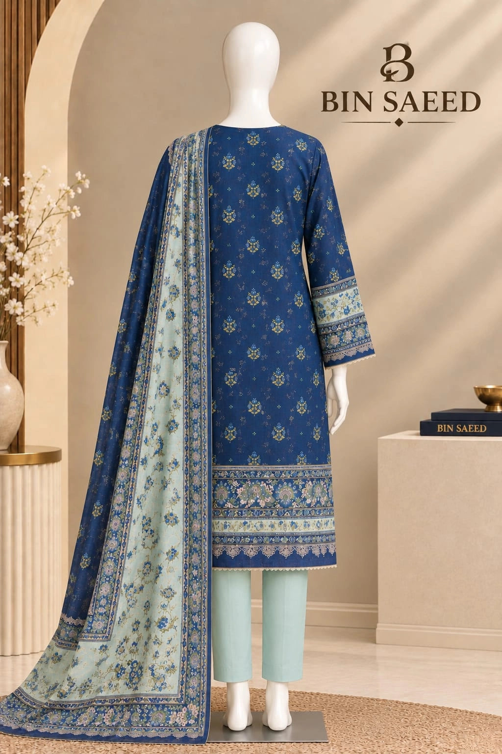 Bin Saeed Royal Blue & Mint Cotton Cambric Unstitched  3PC