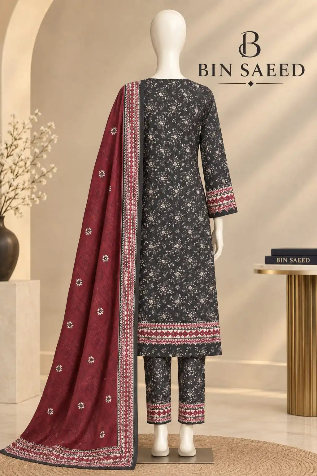 Bin Saeed Charcoal & Maroon Cotton Cambric Unstitched  3PC