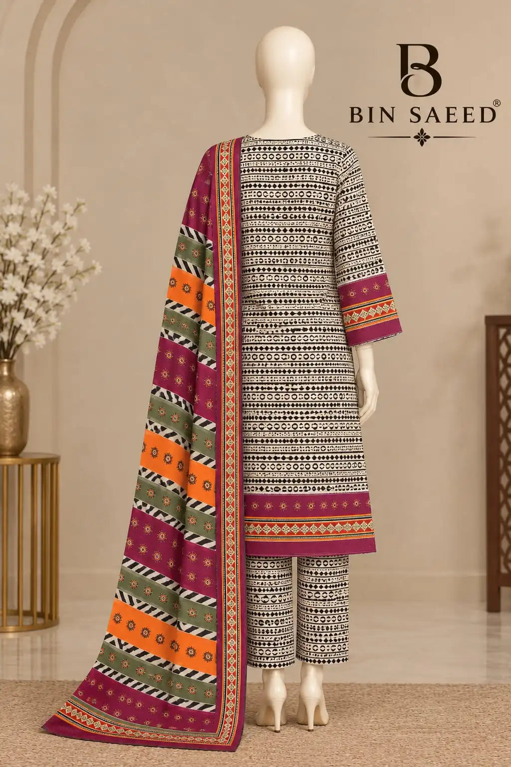 Bin Saeed Ivory & Burgundy Cotton Cambric Unstitched 3PC