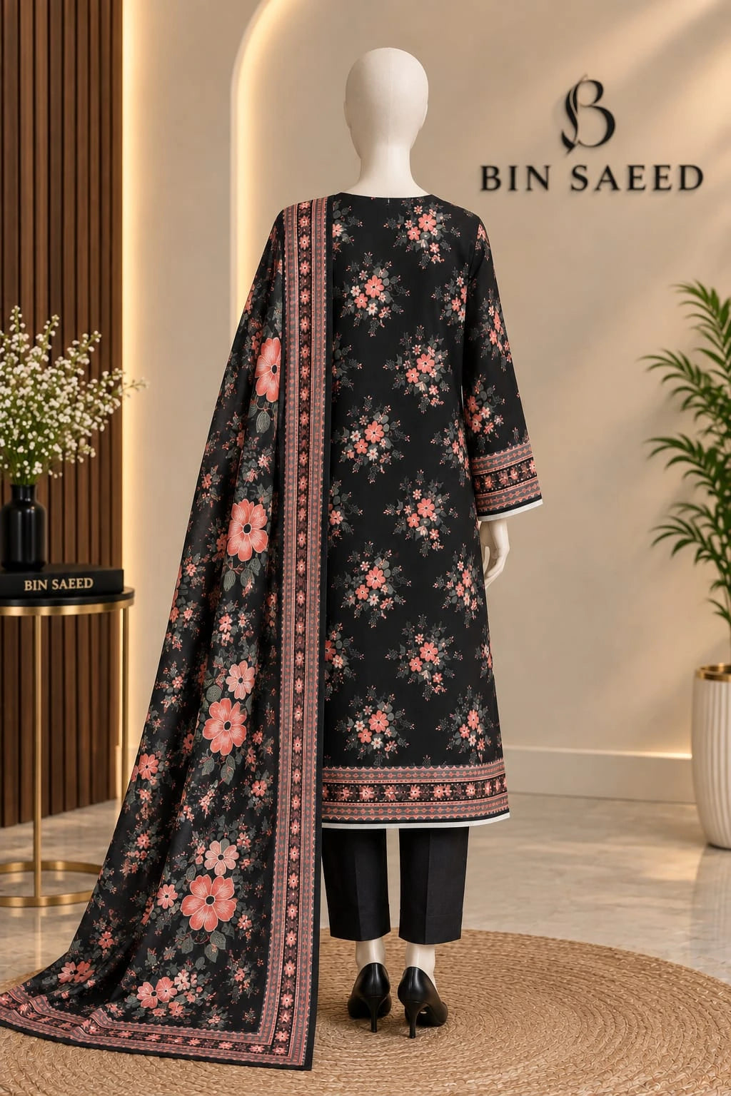 Bin Saeed Black Floral  Cotton Cambric Unstitched  3PC