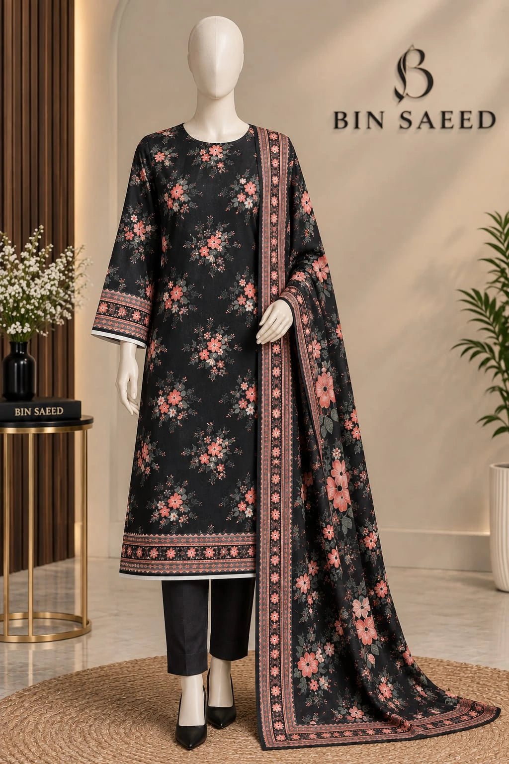 Bin Saeed Black Floral  Cotton Cambric Unstitched  3PC