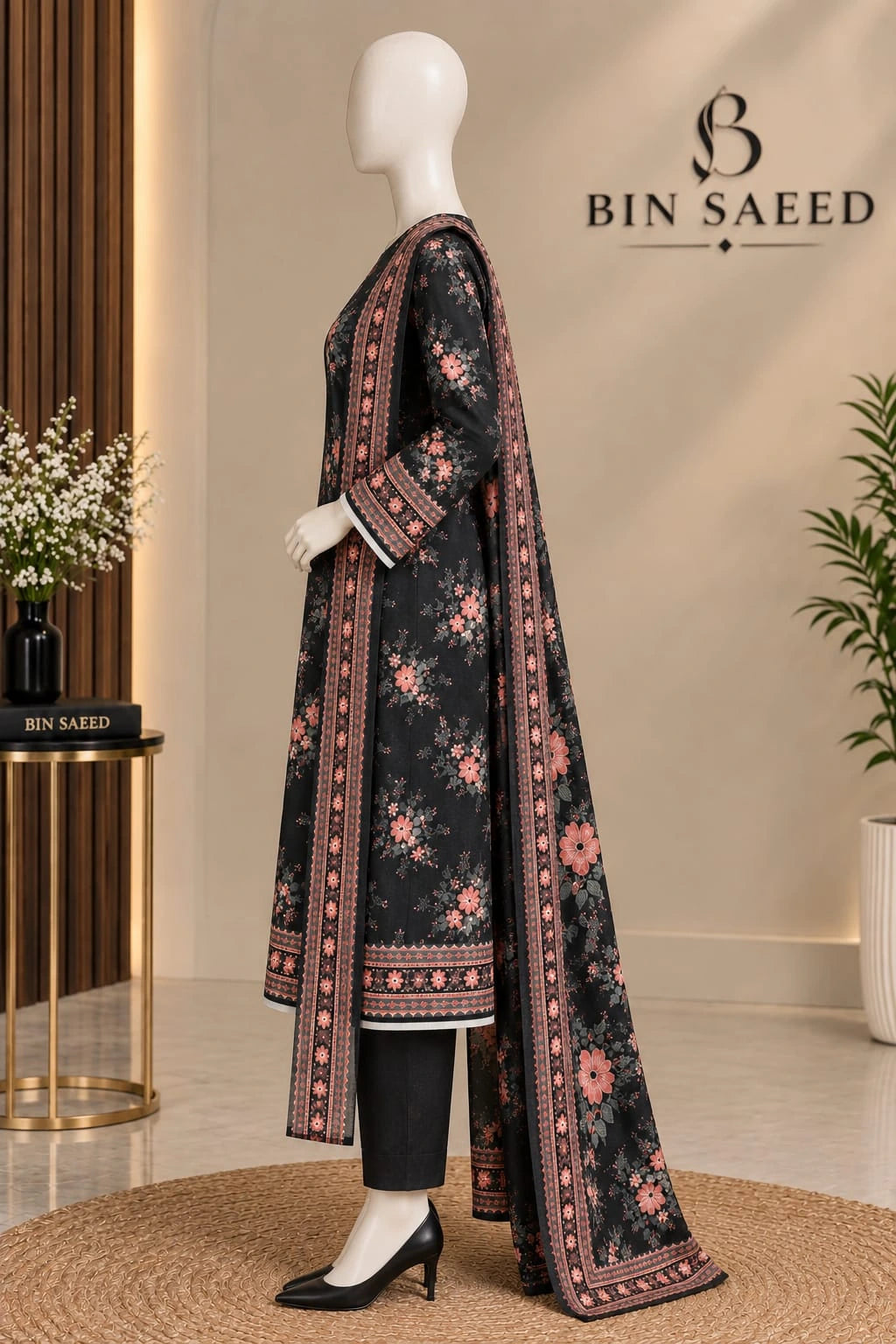 Bin Saeed Black Floral  Cotton Cambric Unstitched  3PC