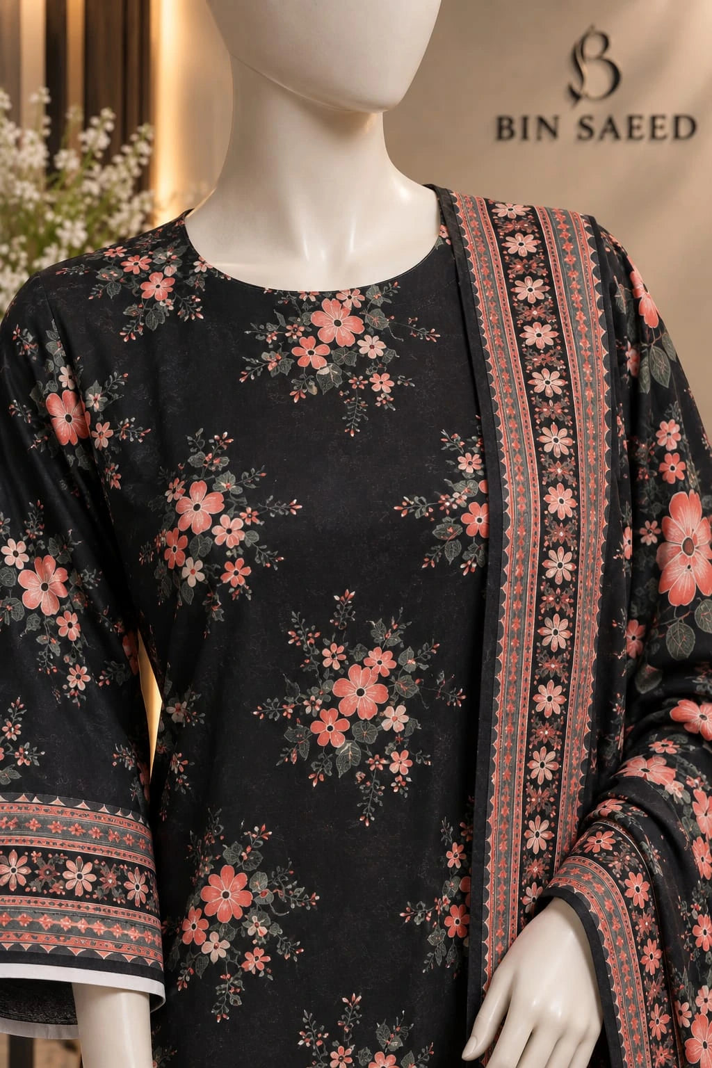 Bin Saeed Black Floral  Cotton Cambric Unstitched  3PC