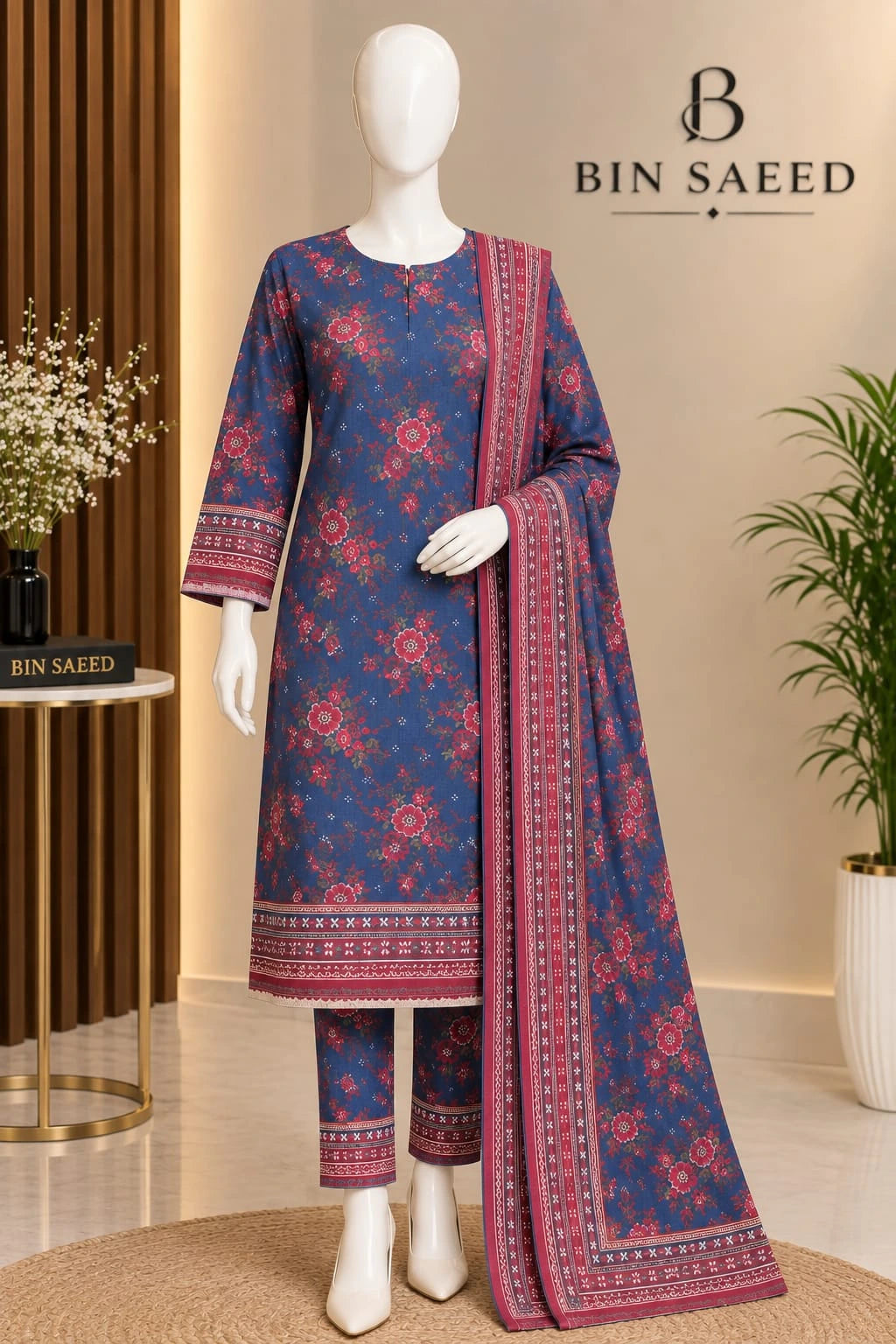 Bin Saeed Blue Floral Cotton Cambric Unstitched 3PC