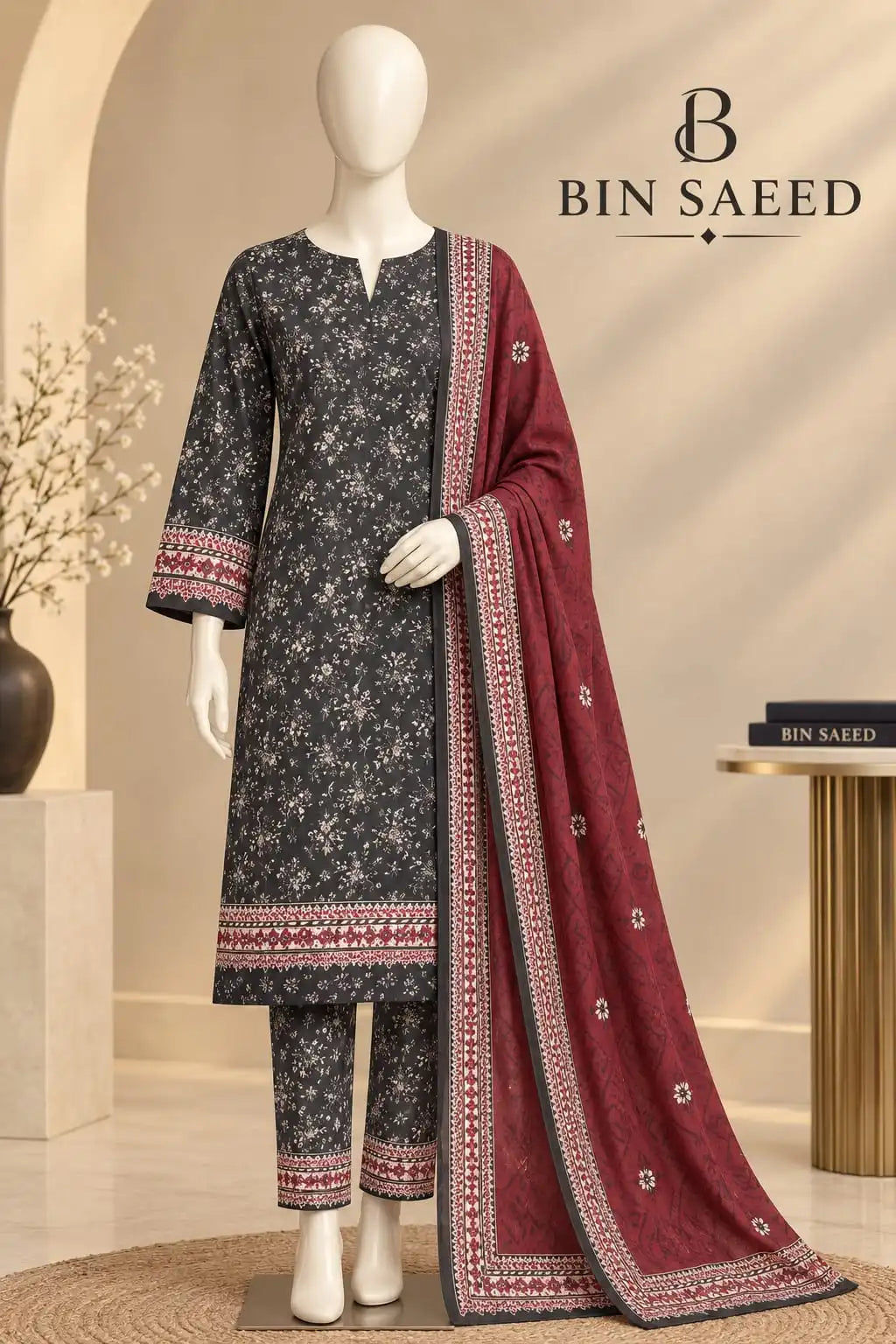 Bin Saeed Charcoal & Maroon Cotton Cambric Unstitched  3PC