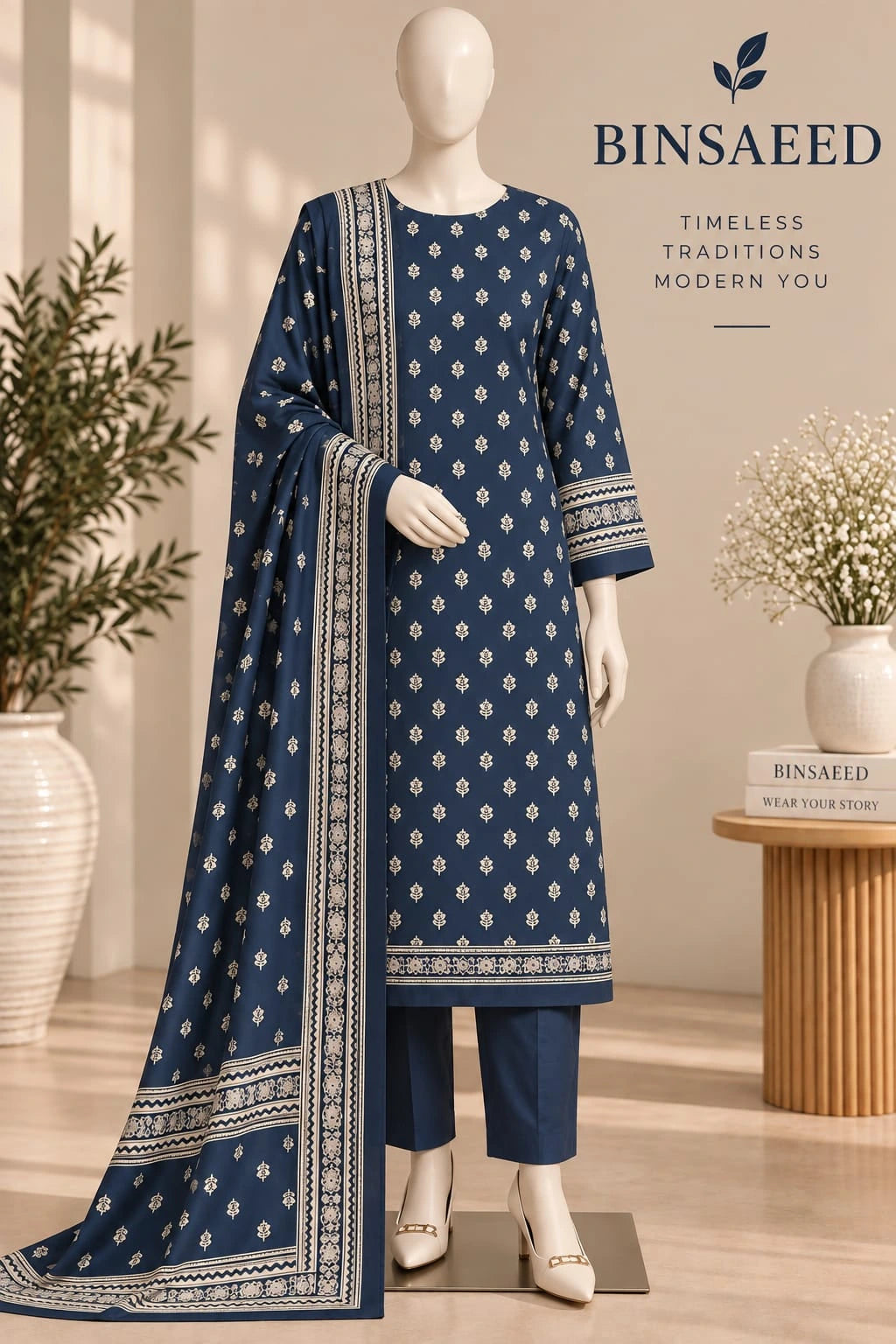 Bin Saeed Navy Blue & Ivory Cotton Cambric Unstitched 3PC