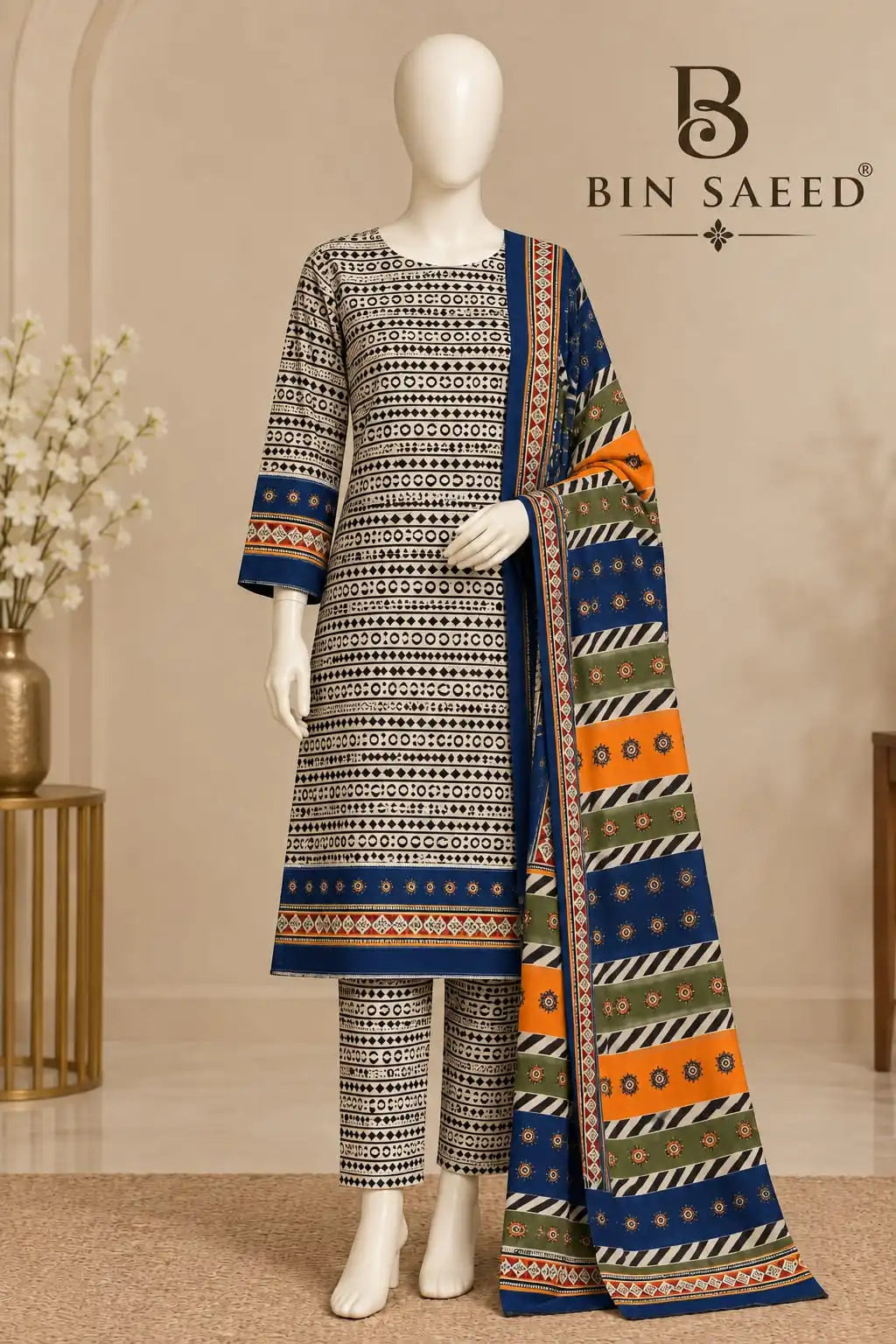 Bin Saeed Ivory & Royal Blue Cotton Cambric Unstitched 3PC