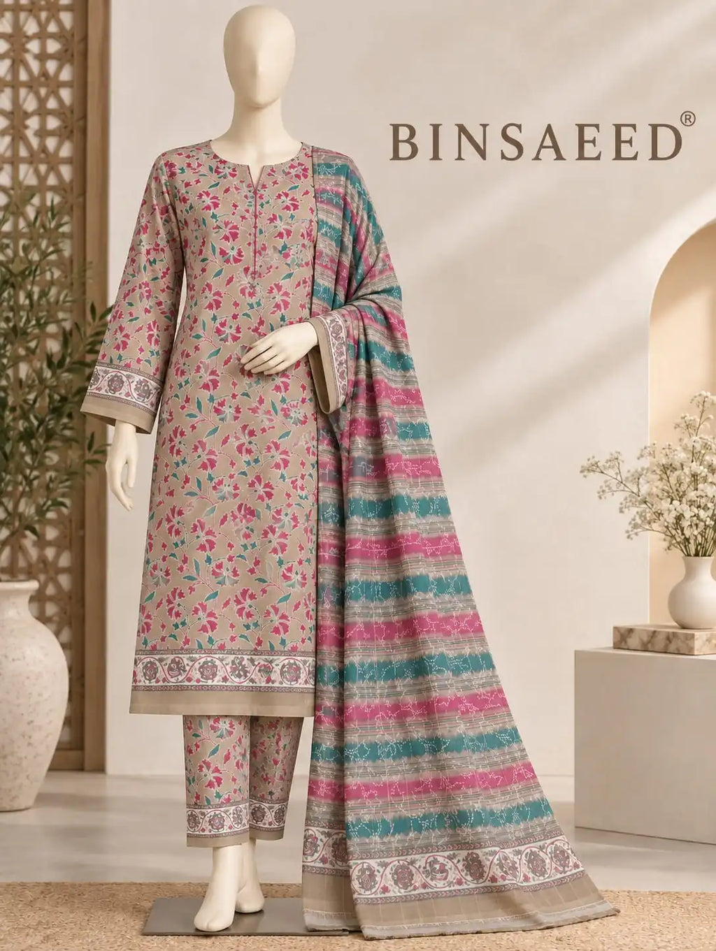 Bin Saeed Beige Floral  Cotton Cambric Unstitched  3PC