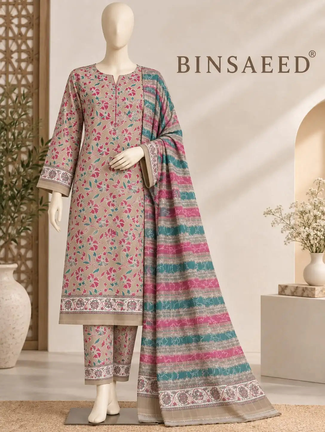 Bin Saeed Beige Floral  Cotton Cambric Unstitched  3PC