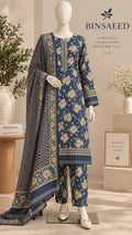 Bin Saeed Denim Blue & Beige Cotton Cambric Unstitched 3PC