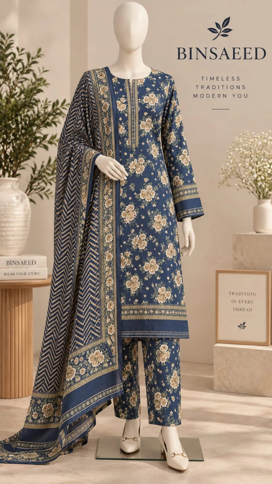 Bin Saeed Denim Blue & Beige Cotton Cambric Unstitched 3PC