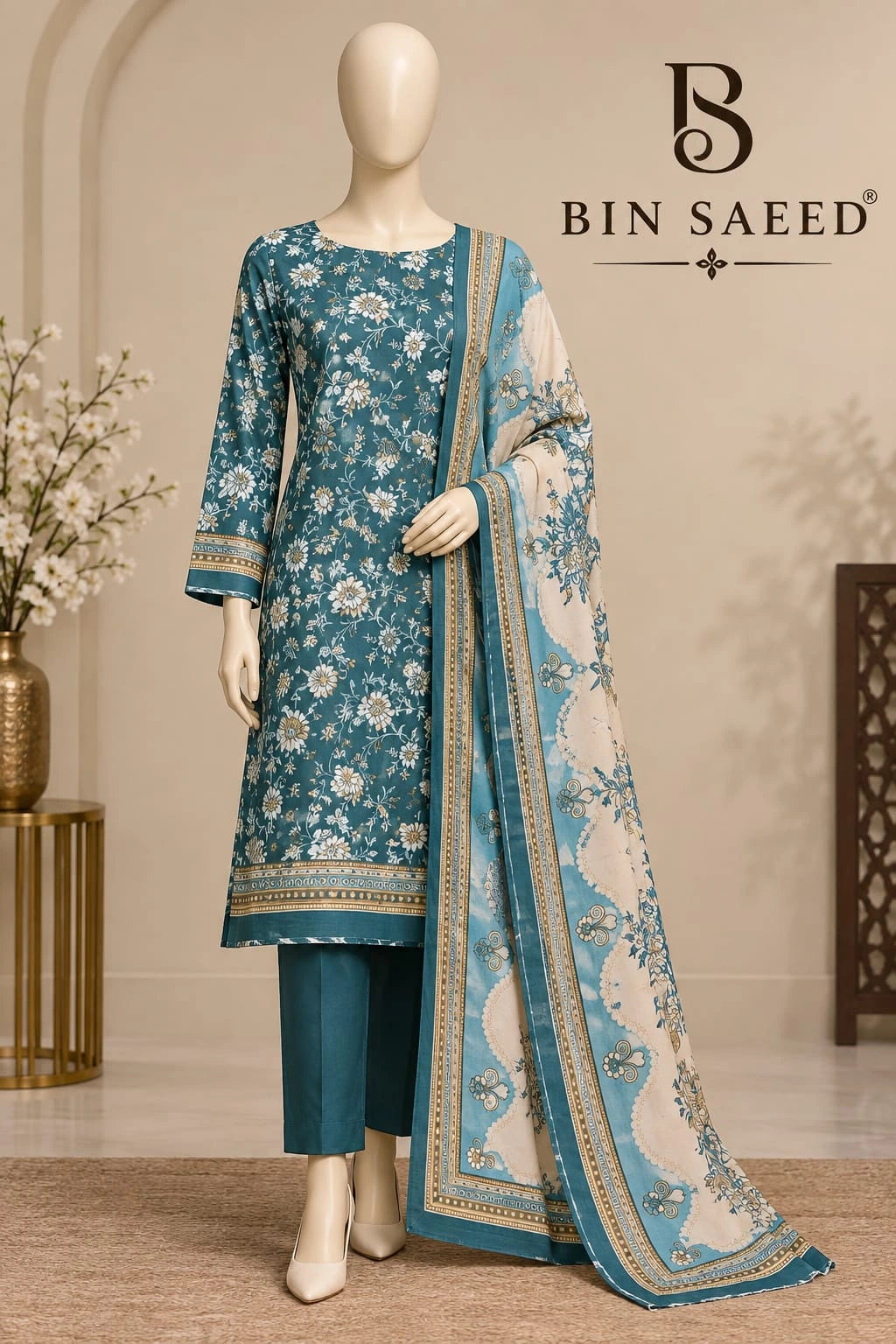 Bin Saeed Teal Blue & Ivory Cotton Cambric Unstitched 3PC
