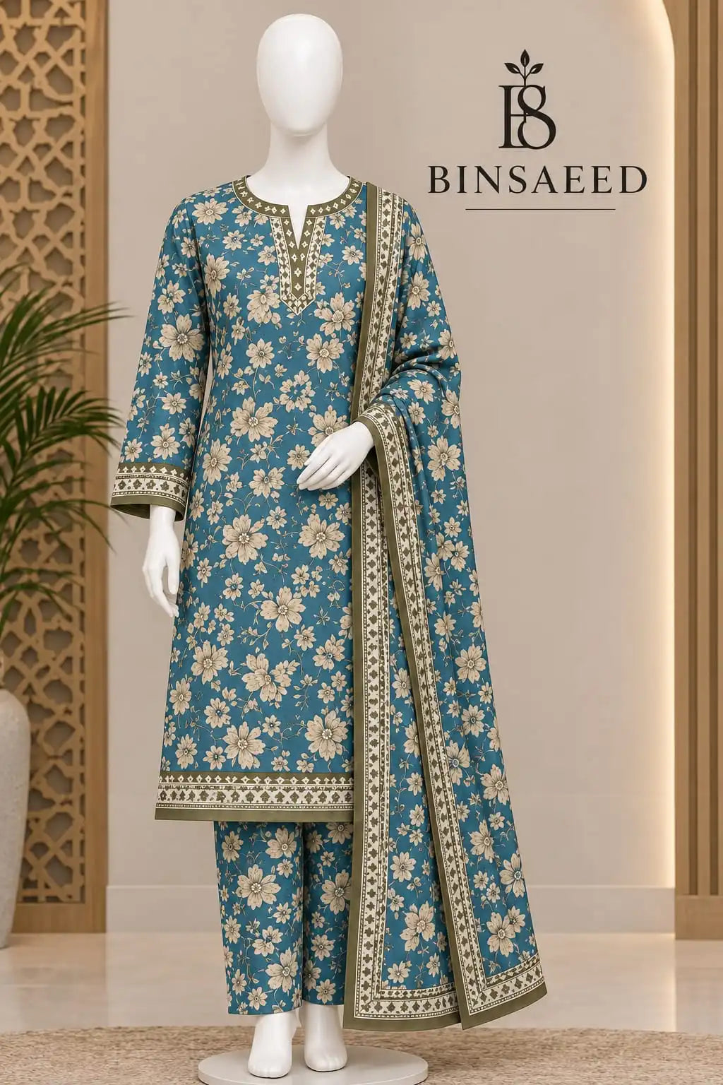 Bin Saeed Royal Blue & Mint Cotton Cambric Unstitched 3PC